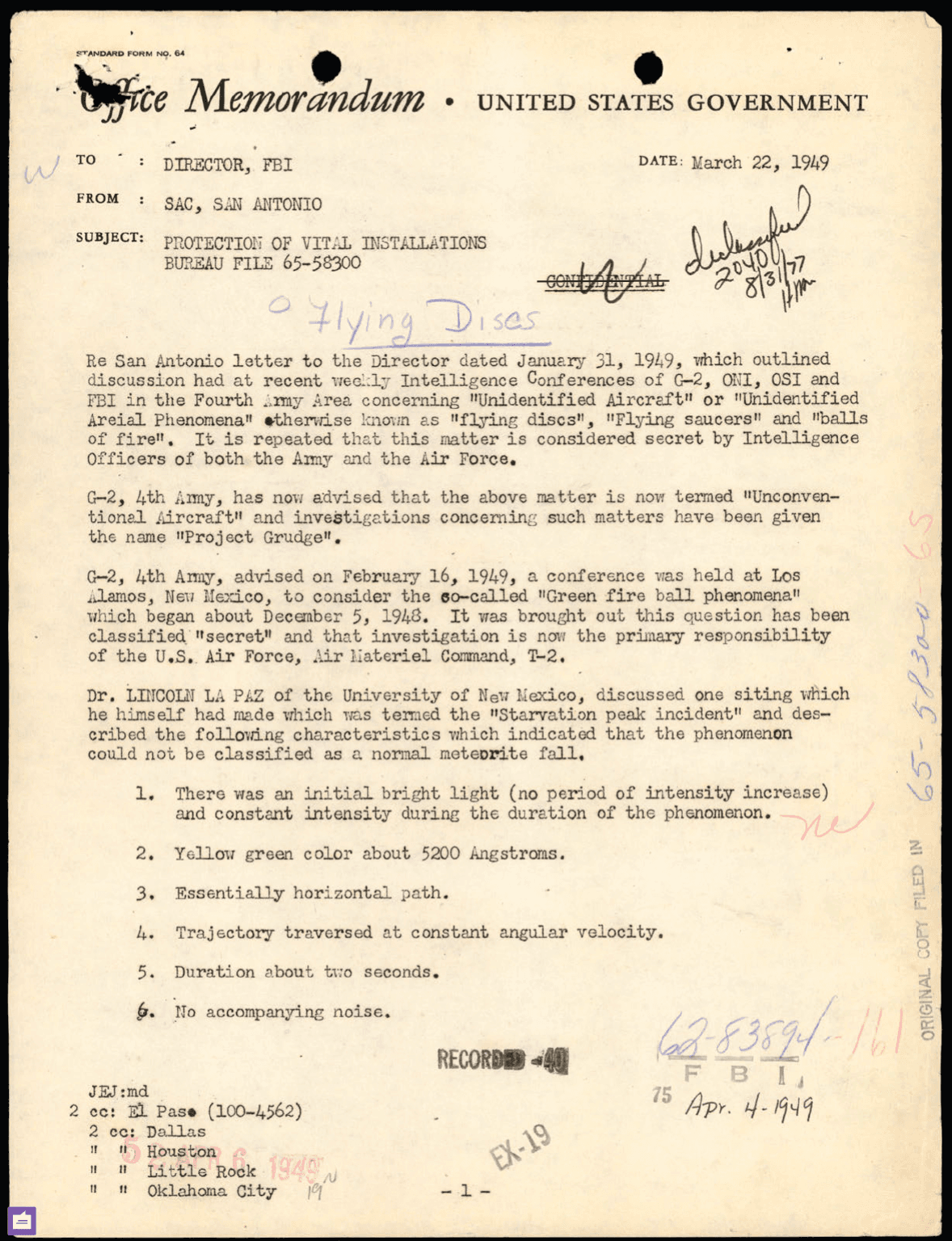 March 22, 1949 memo on Project Grudge and Dr. Lincoln La Paz's analysis of the 'Green Fireball phenomena' over Los Alamos
