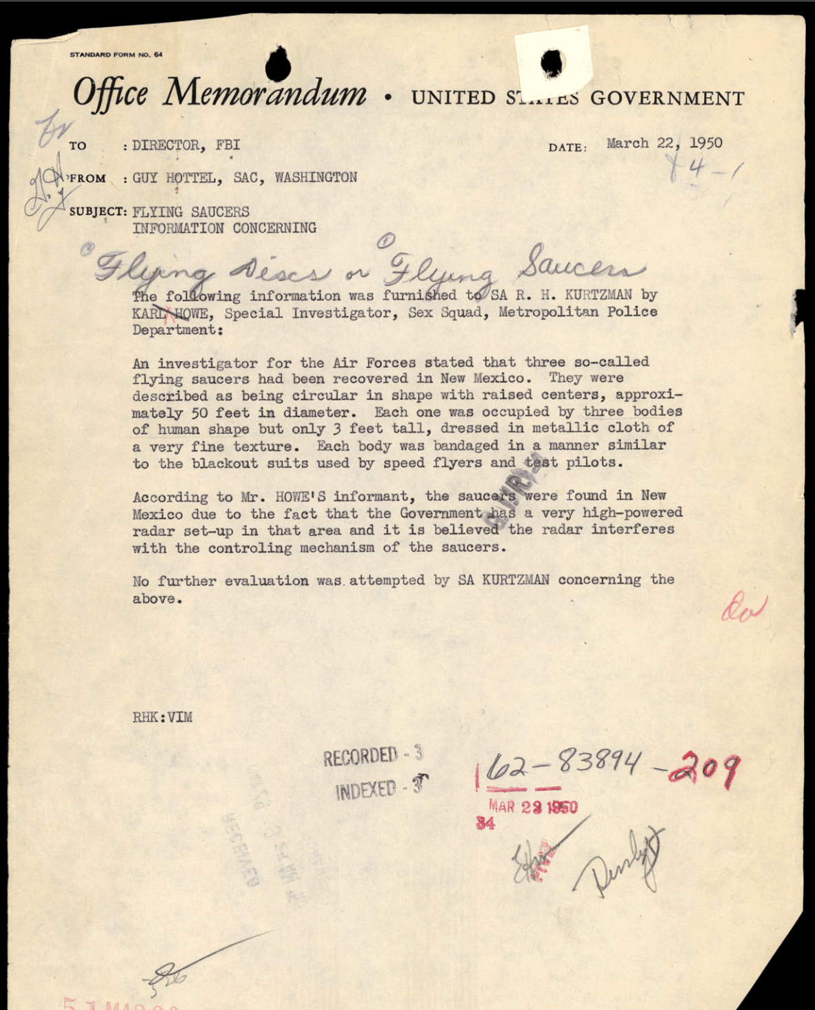 The Hottel Memo, March 22, 1950: 'Three so-called flying saucers had been recovered in New Mexico... each one was occupied by three bodies of human shape but only 3 feet tall.'