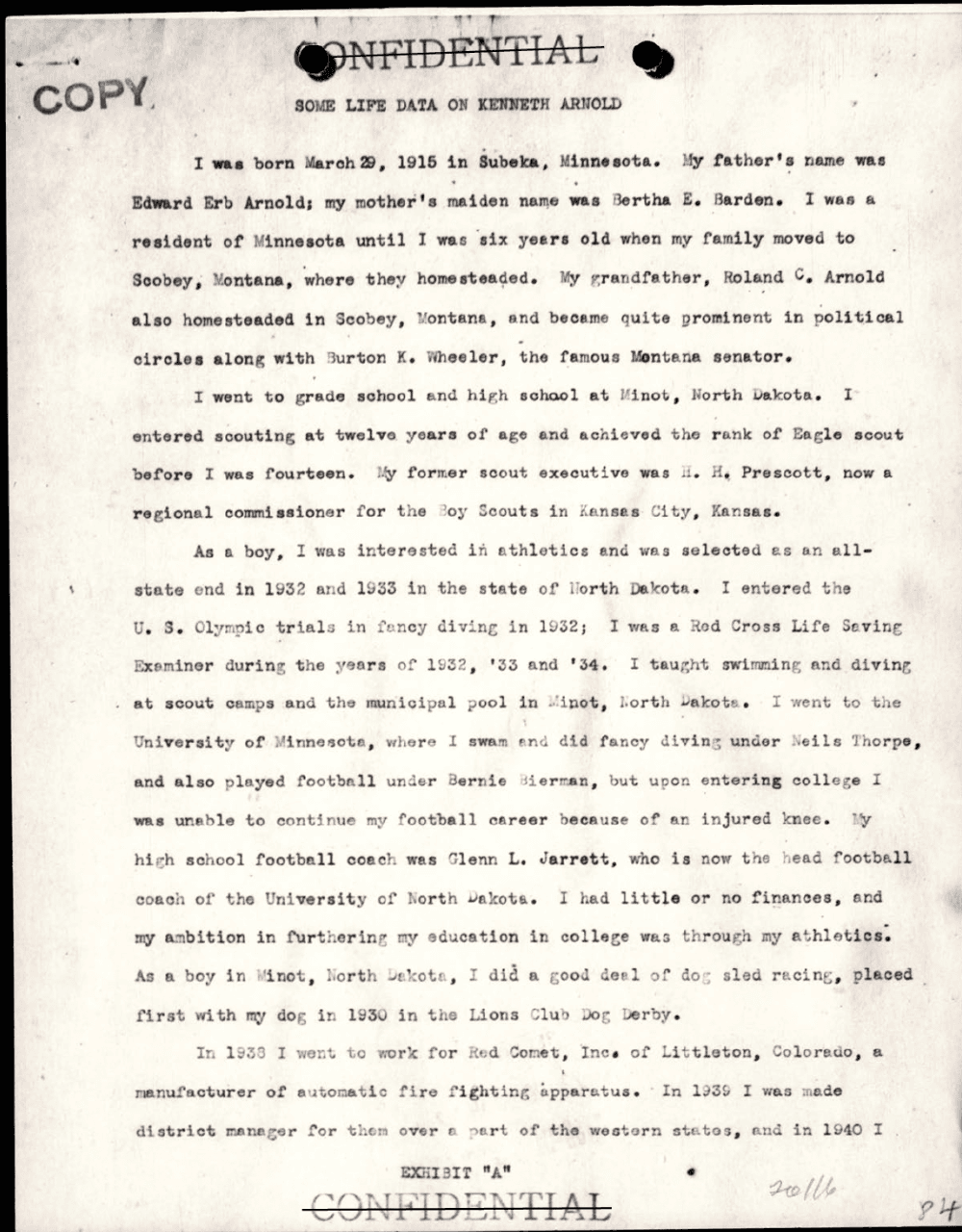 'Some Life Data on Kenneth Arnold' — Exhibit A from the 1947 federal investigation, marked CONFIDENTIAL