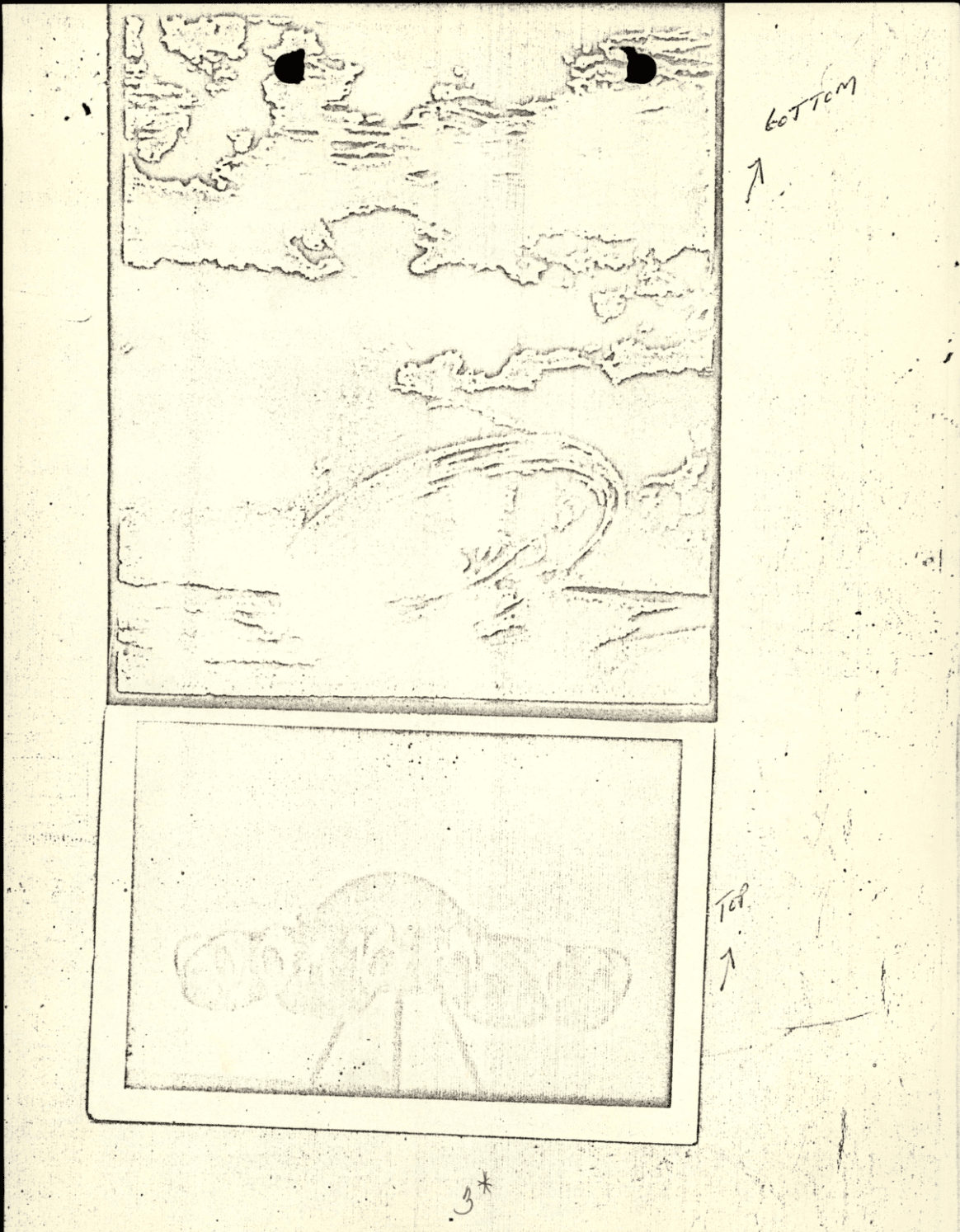 A late-1960s witness drawing of a disc-shaped craft, top and bottom views, filed alongside other walk-in reports of the era