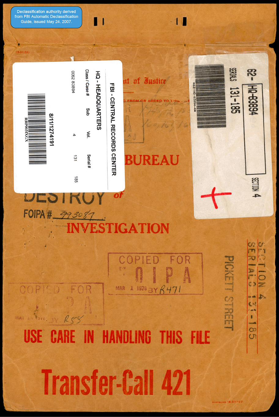 Cover of the federal UFO investigation file 62-HQ-83894