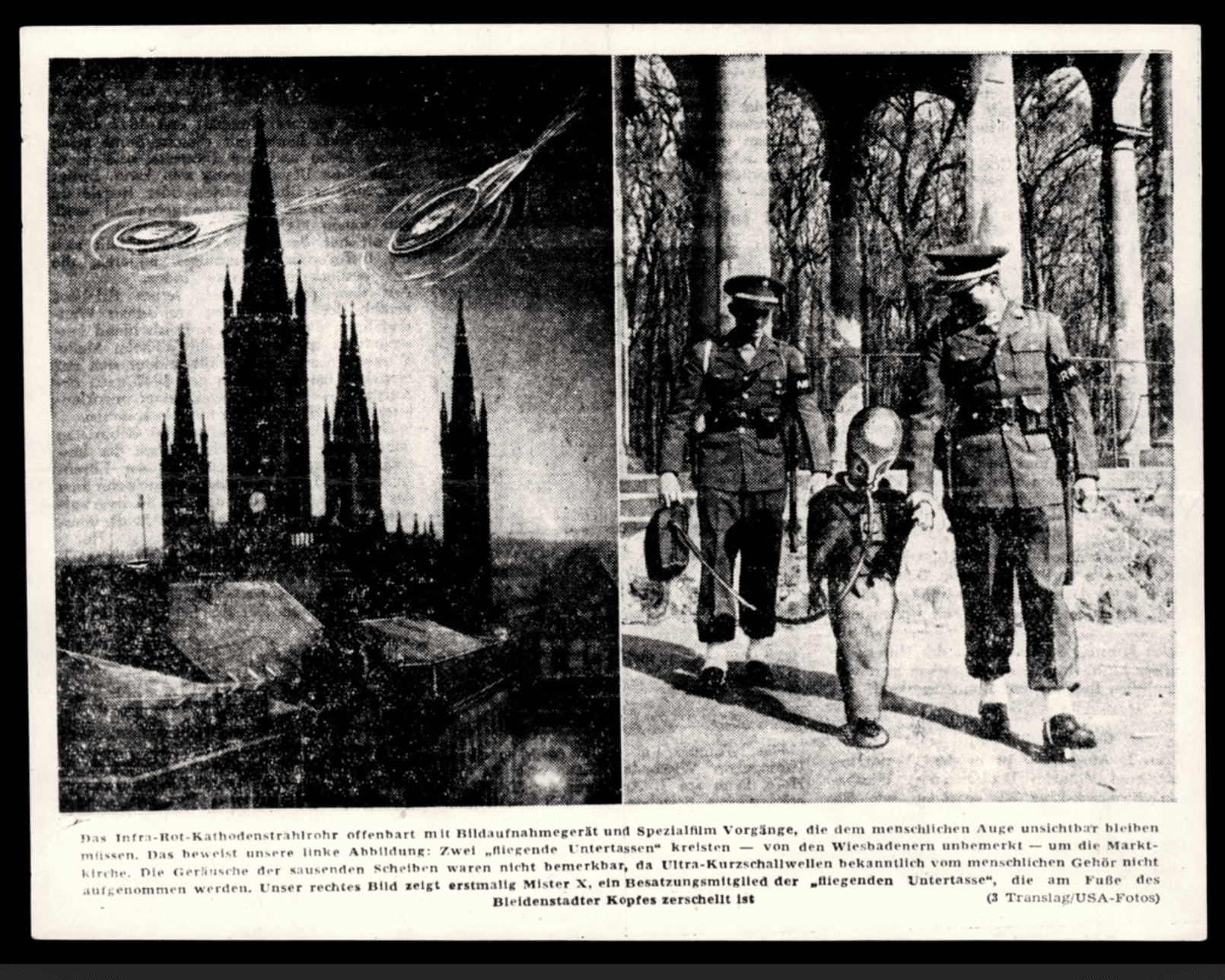 The 1950 Wiesbaden hoax photographs — flying saucers over a German cathedral and a 3-foot 'Mr. X' figure escorted by two military police
