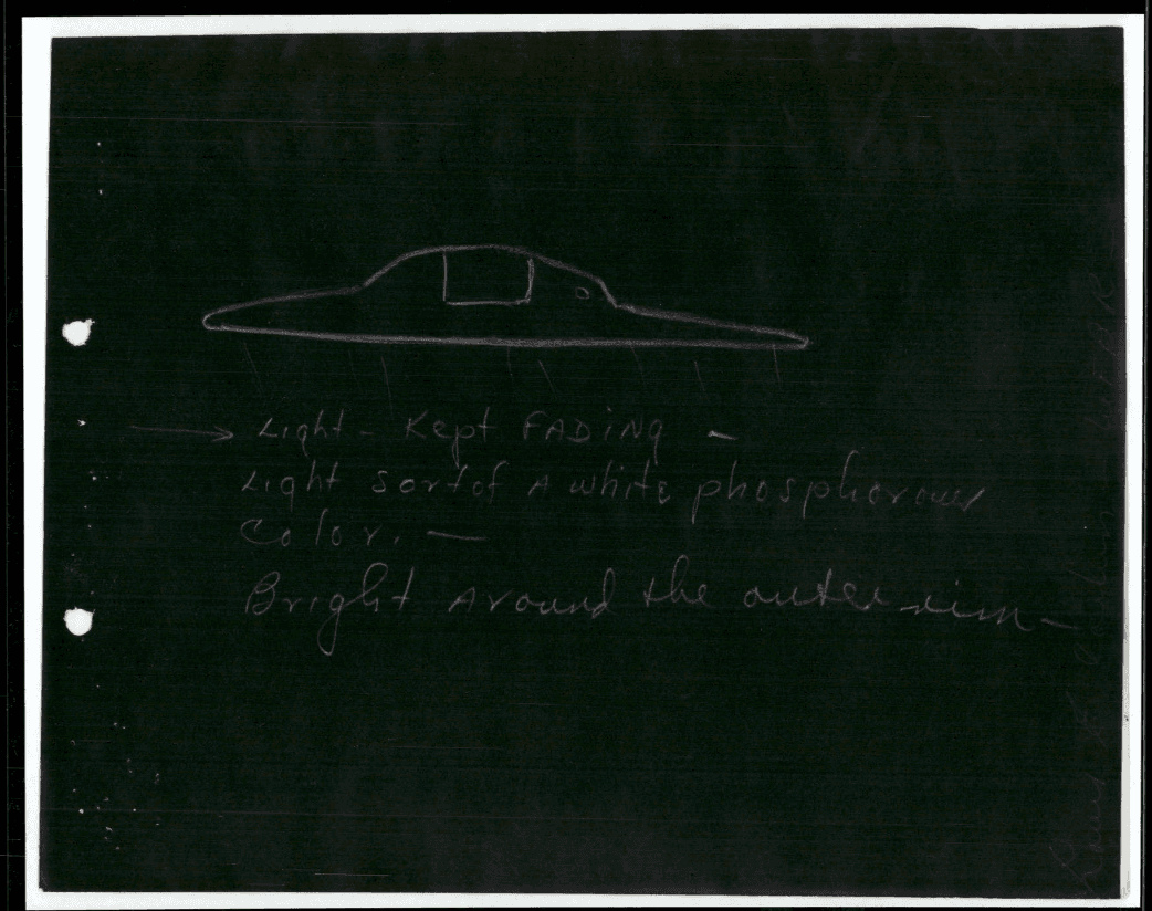 A witness sketch of a disc-shaped object filed during the early 1950s era of nuclear-site sightings